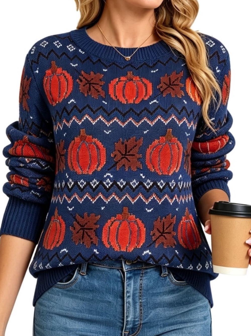 Navy Pumpkin Pattern Women's Sweater